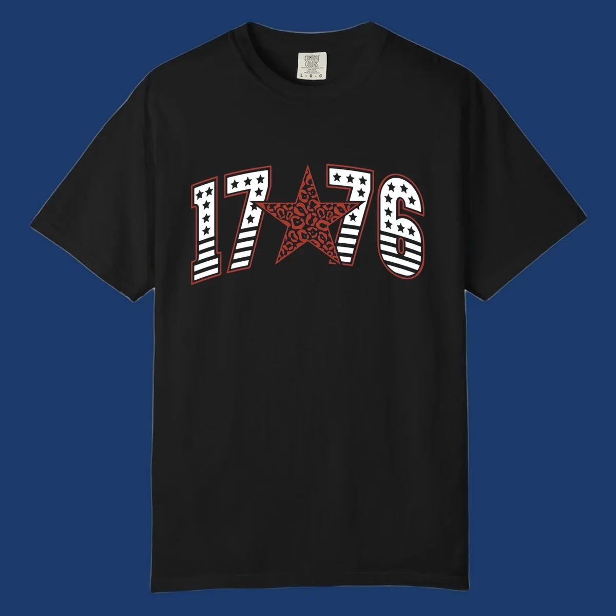 1776 american celebration graphic with stars and stripes and leopard print star.
