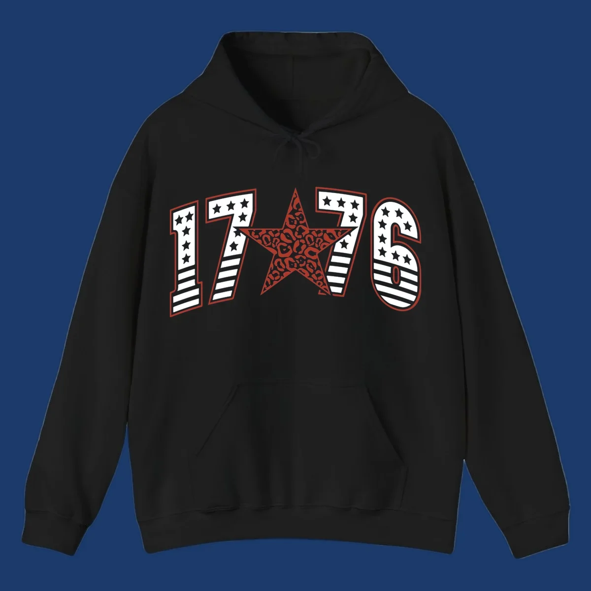 1776 american celebration graphic with stars and stripes and leopard print star.