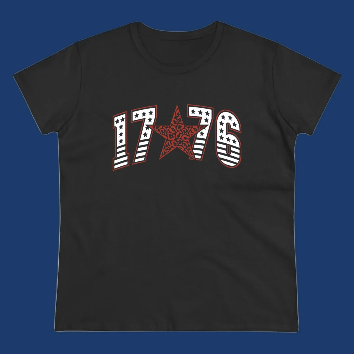 1776 american celebration graphic with stars and stripes and leopard print star.
