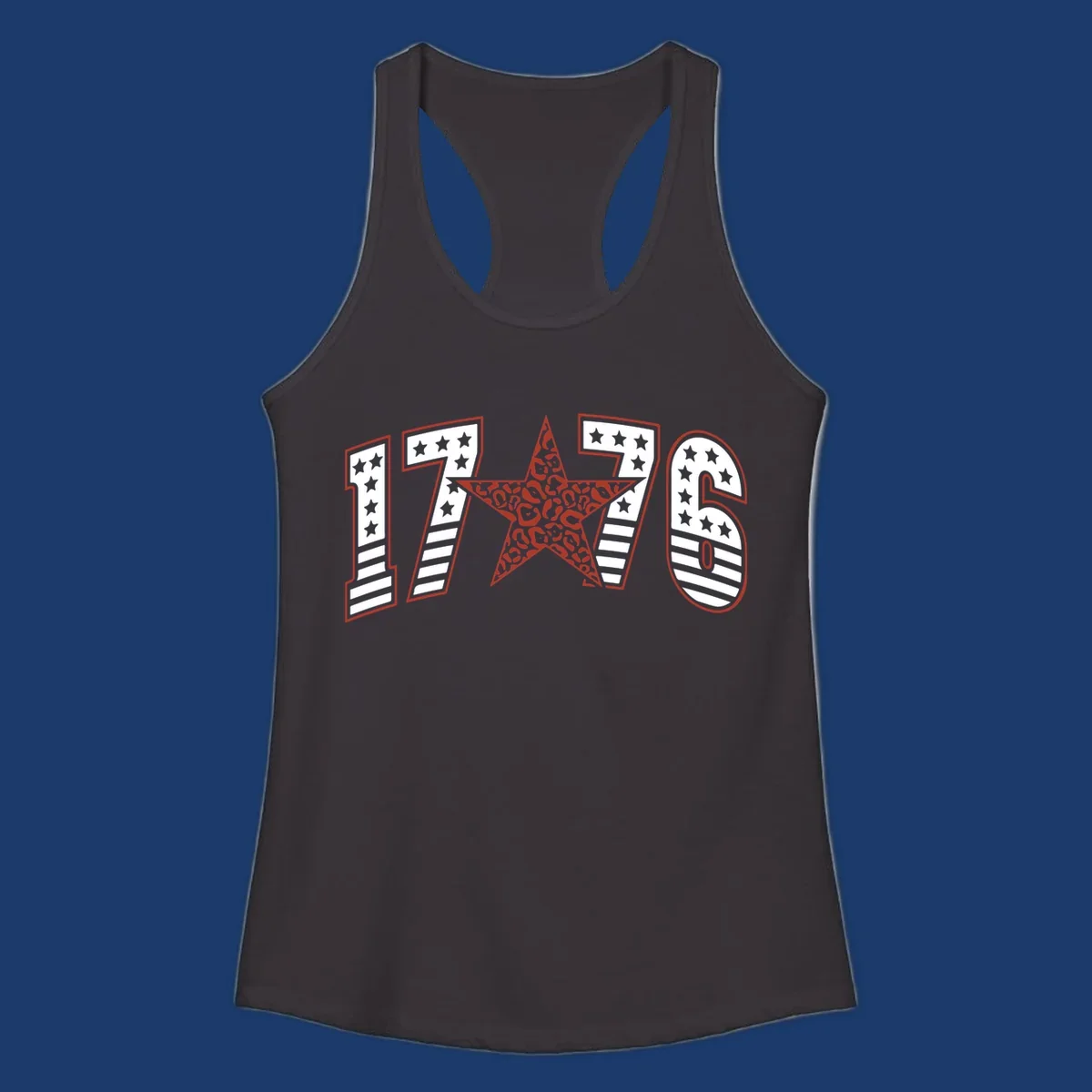 1776 american celebration graphic with stars and stripes and leopard print star.