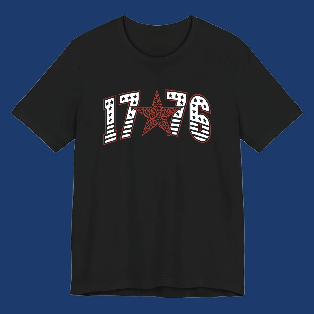 1776 american celebration graphic with stars and stripes and leopard print star.