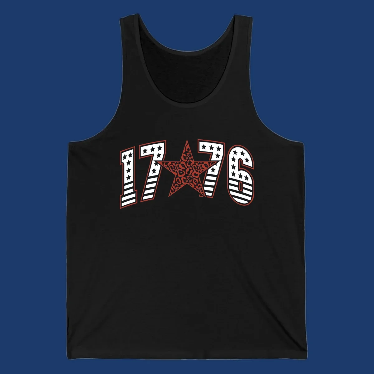 1776 american celebration graphic with stars and stripes and leopard print star.