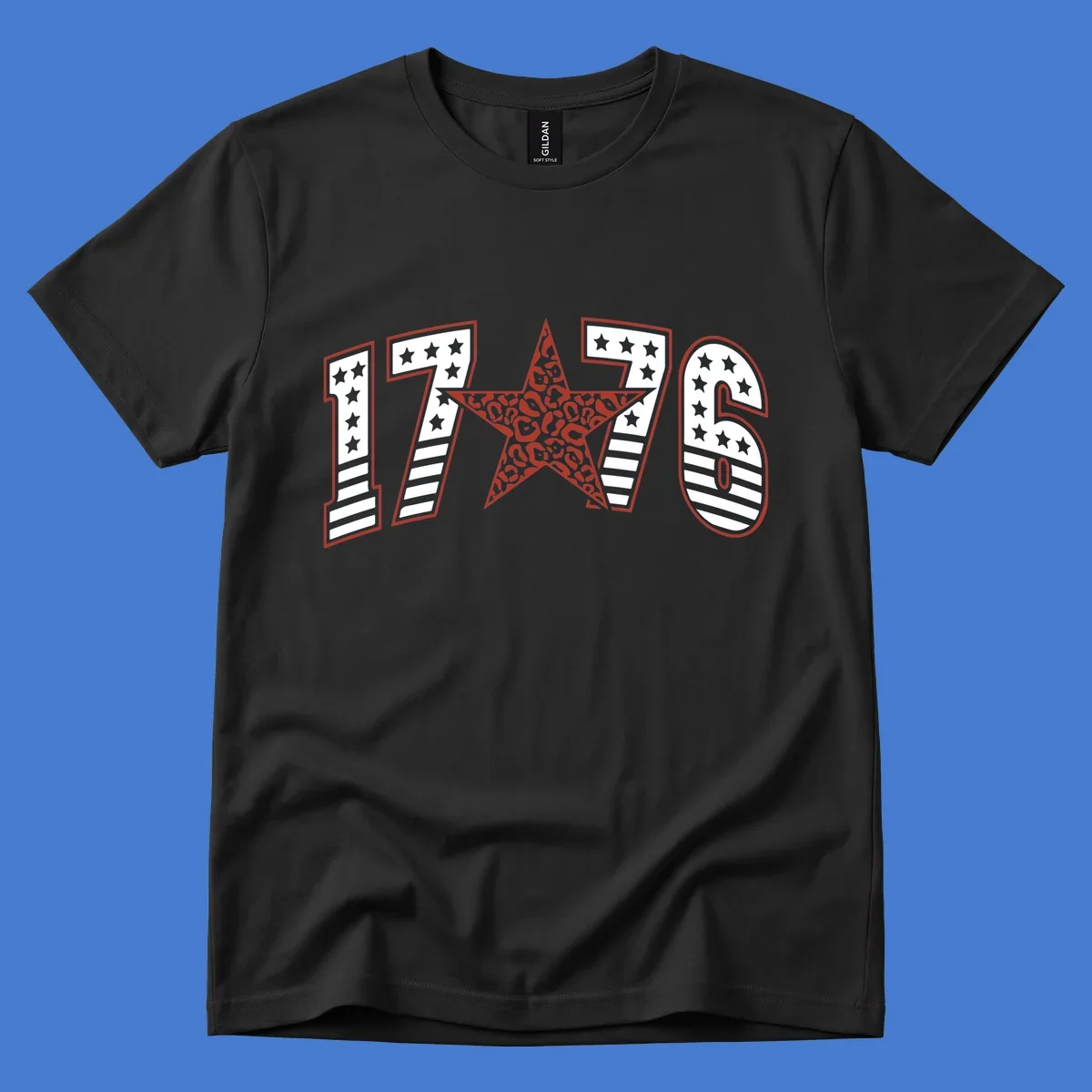 1776 american celebration graphic with stars and stripes and leopard print star.