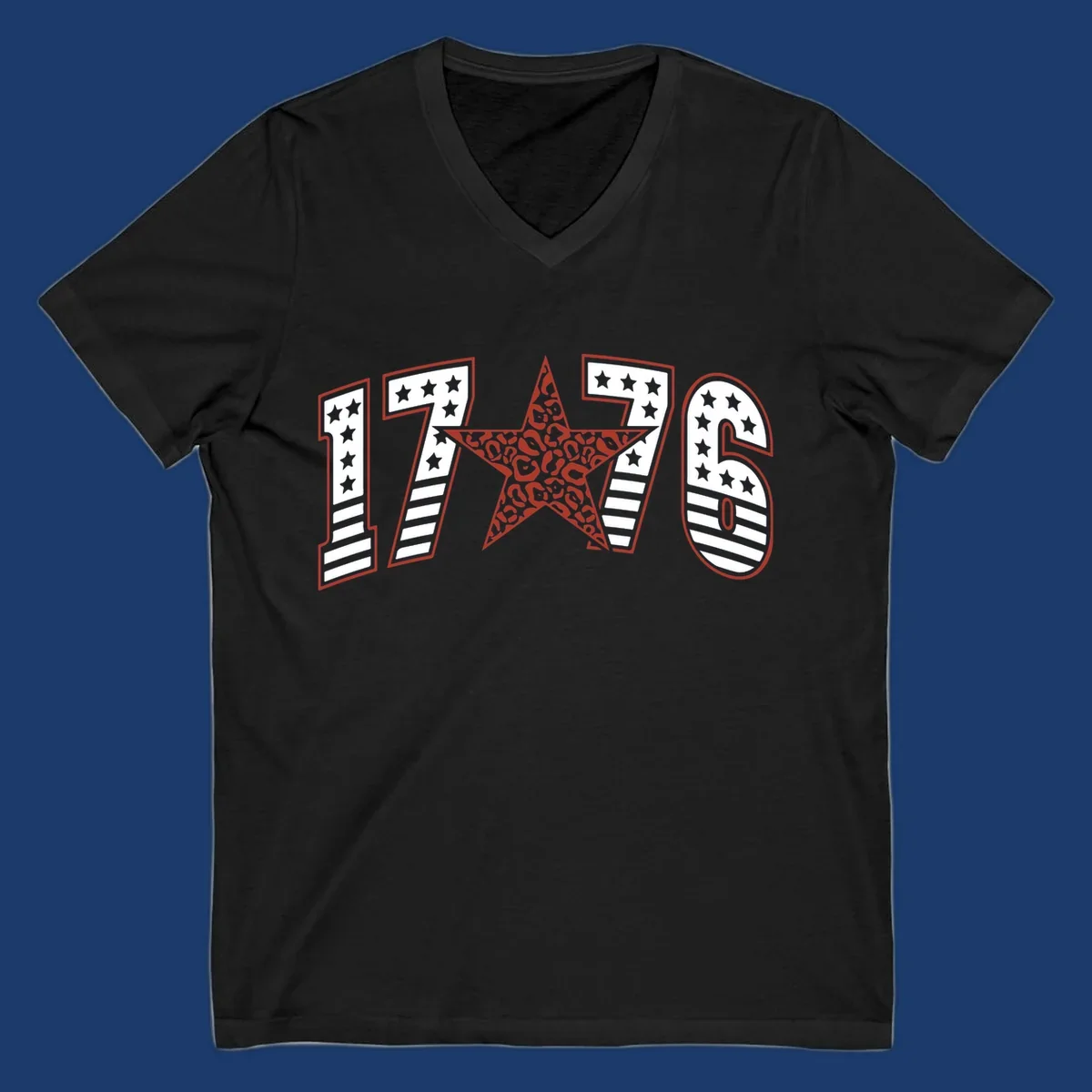 1776 american celebration graphic with stars and stripes and leopard print star.