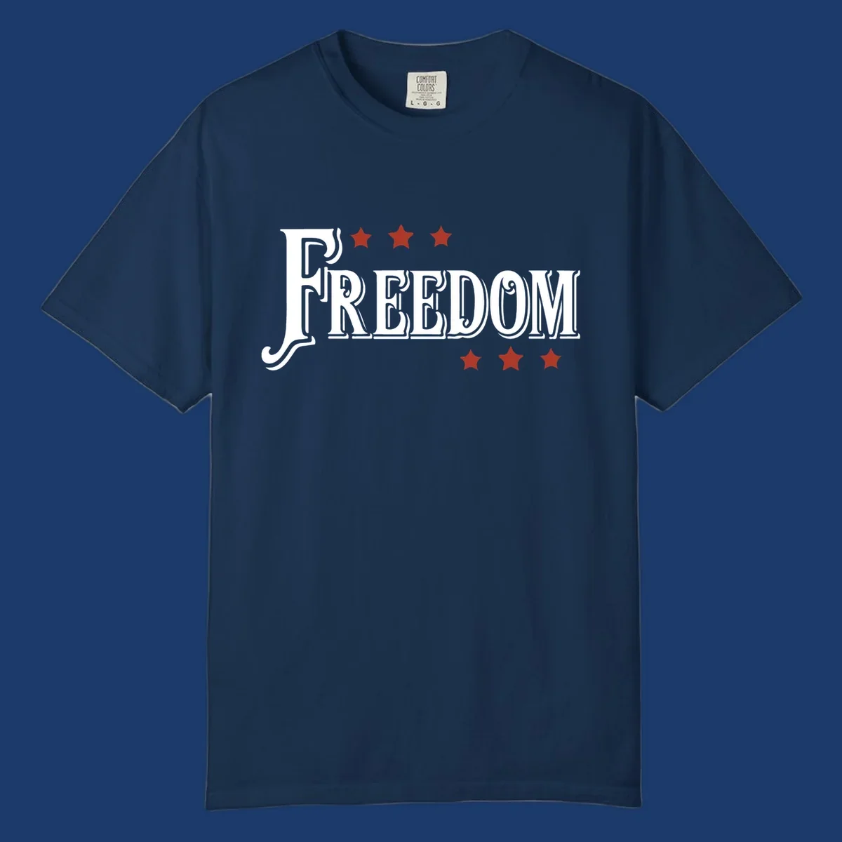 Bold text 'FREEDOM' with red stars, representing american freedom.