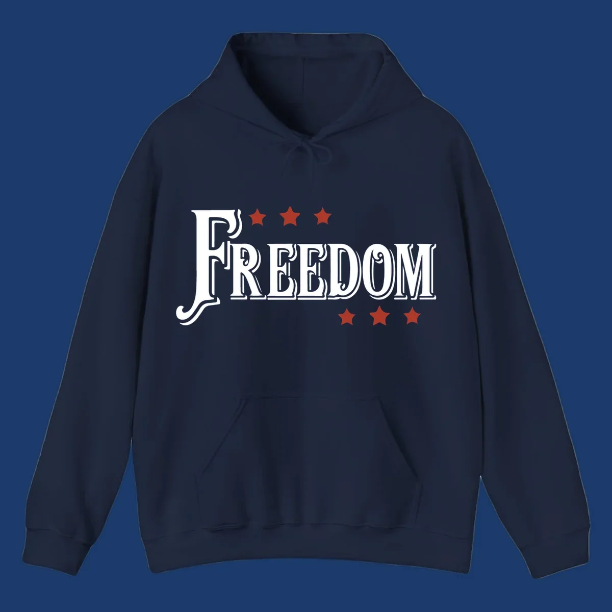 Bold text 'FREEDOM' with red stars, representing american freedom.