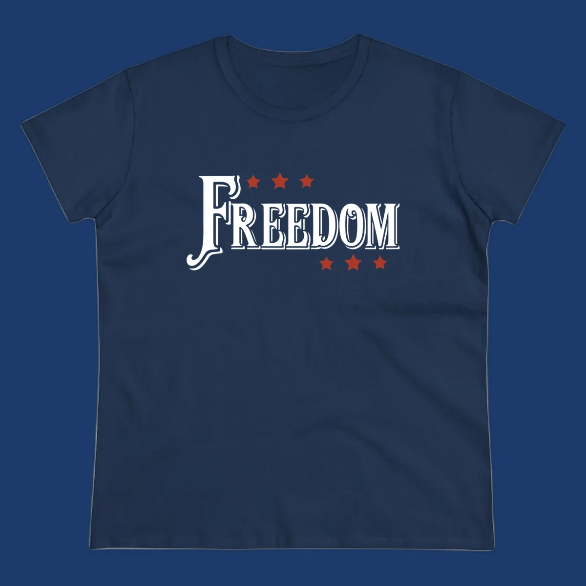 Bold text 'FREEDOM' with red stars, representing american freedom.