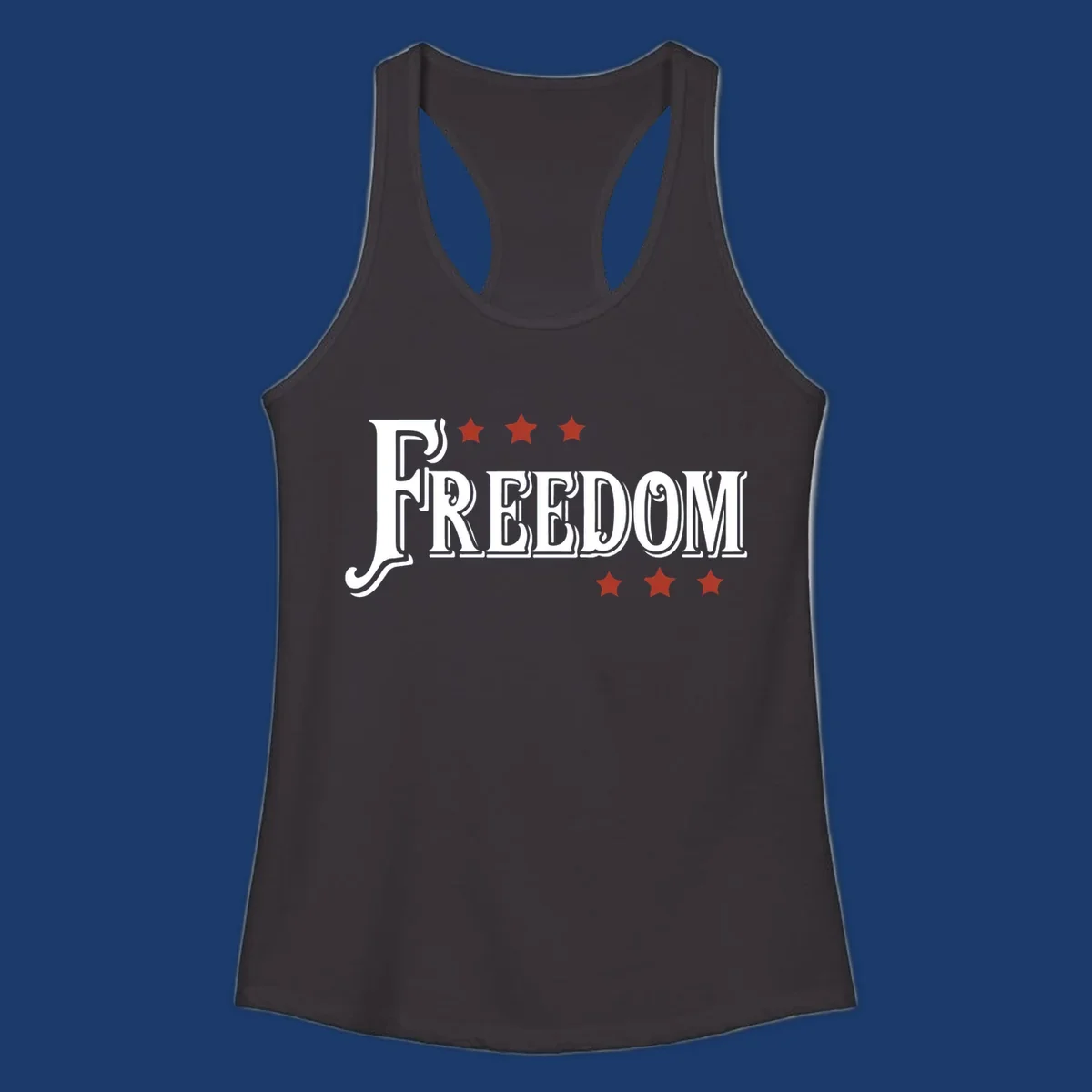 Bold text 'FREEDOM' with red stars, representing american freedom.