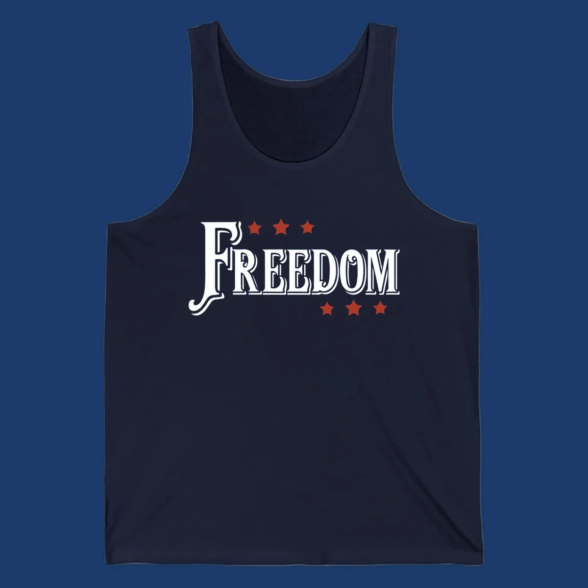 Bold text 'FREEDOM' with red stars, representing american freedom.