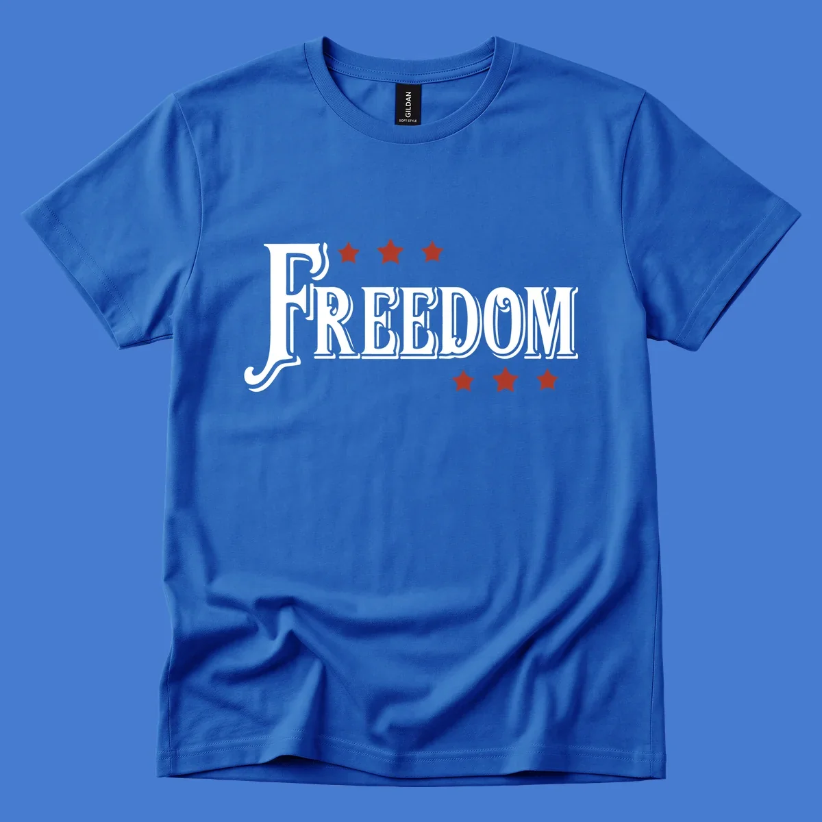 Bold text 'FREEDOM' with red stars, representing american freedom.