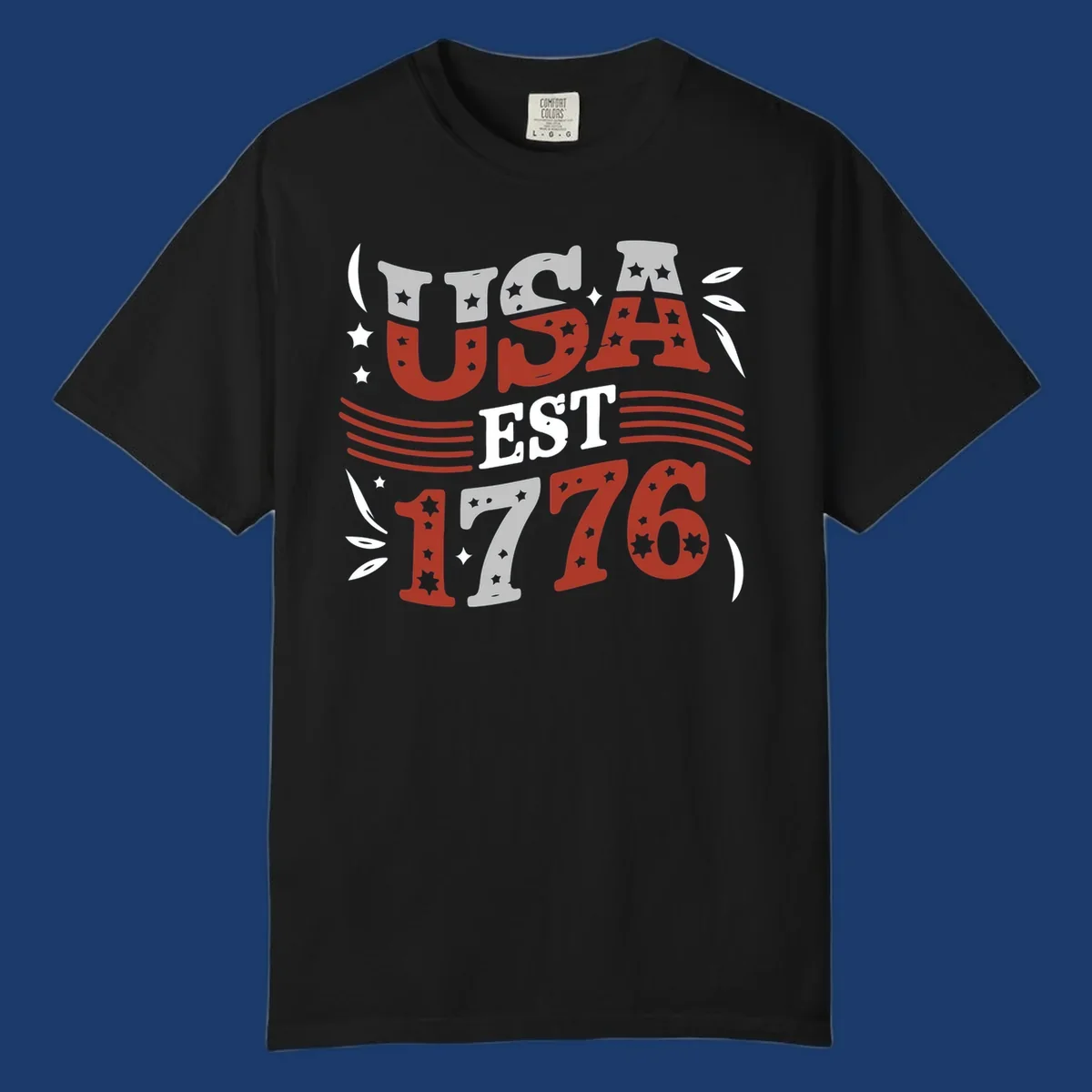 USA 1776 celebration text with stars and stripes elements.