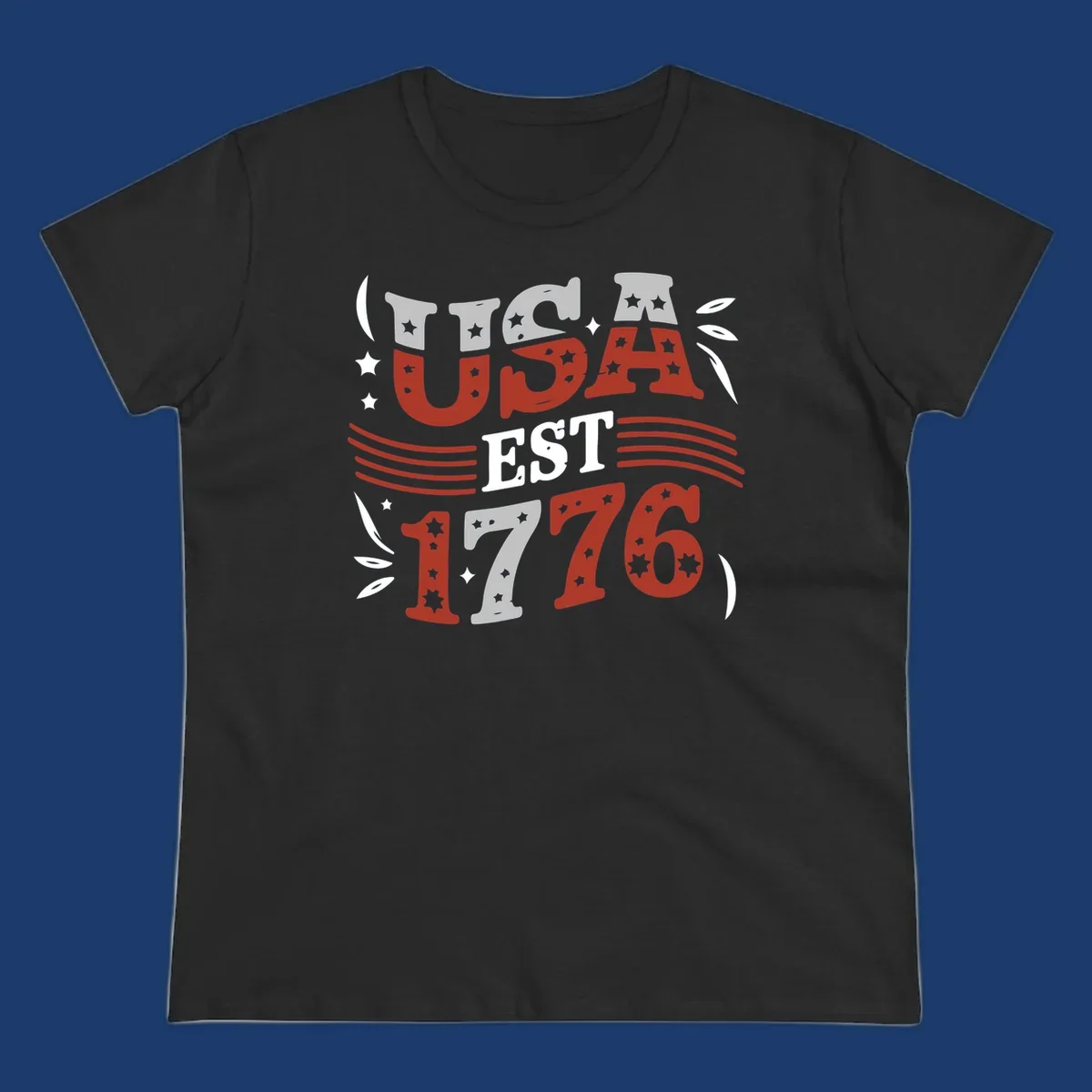 USA 1776 celebration text with stars and stripes elements.