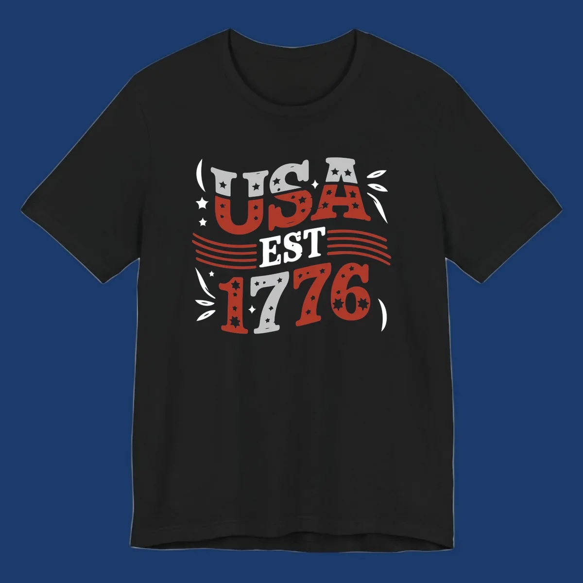 USA 1776 celebration text with stars and stripes elements.