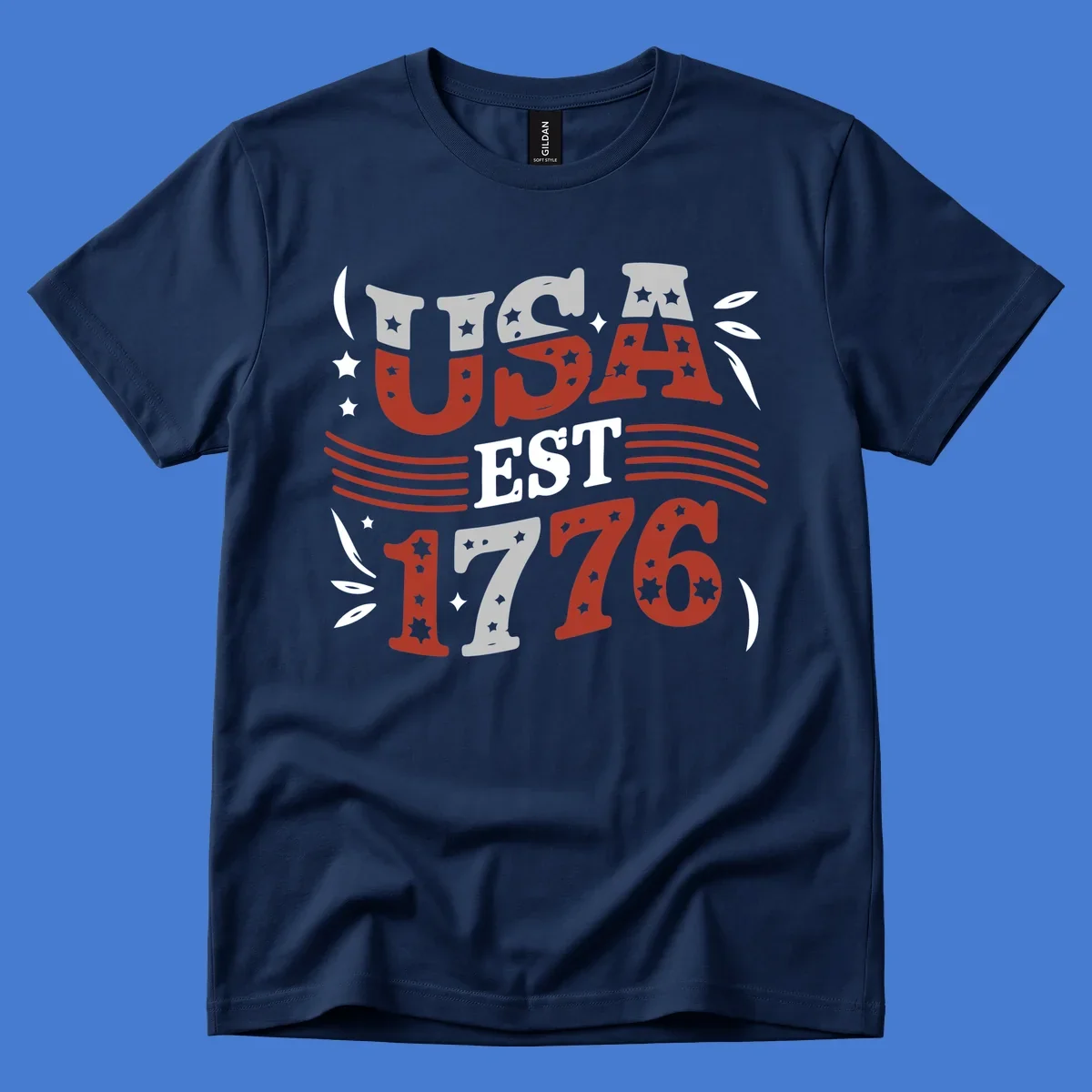 USA 1776 celebration text with stars and stripes elements.