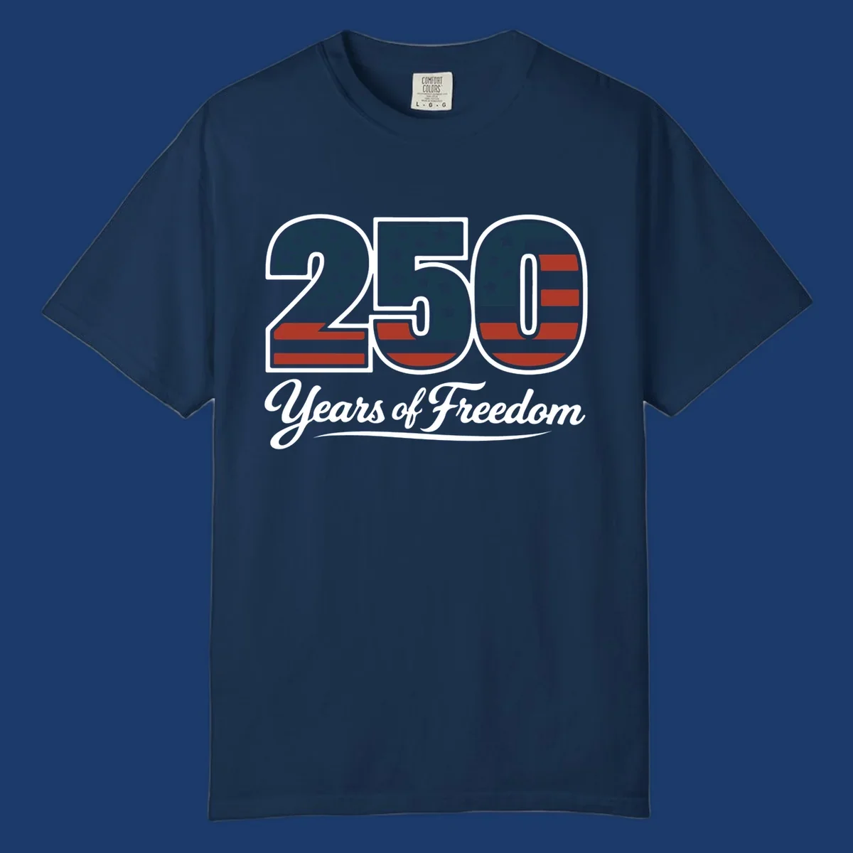 America 250 Years Of Freedom design with American flag elements and script text.
