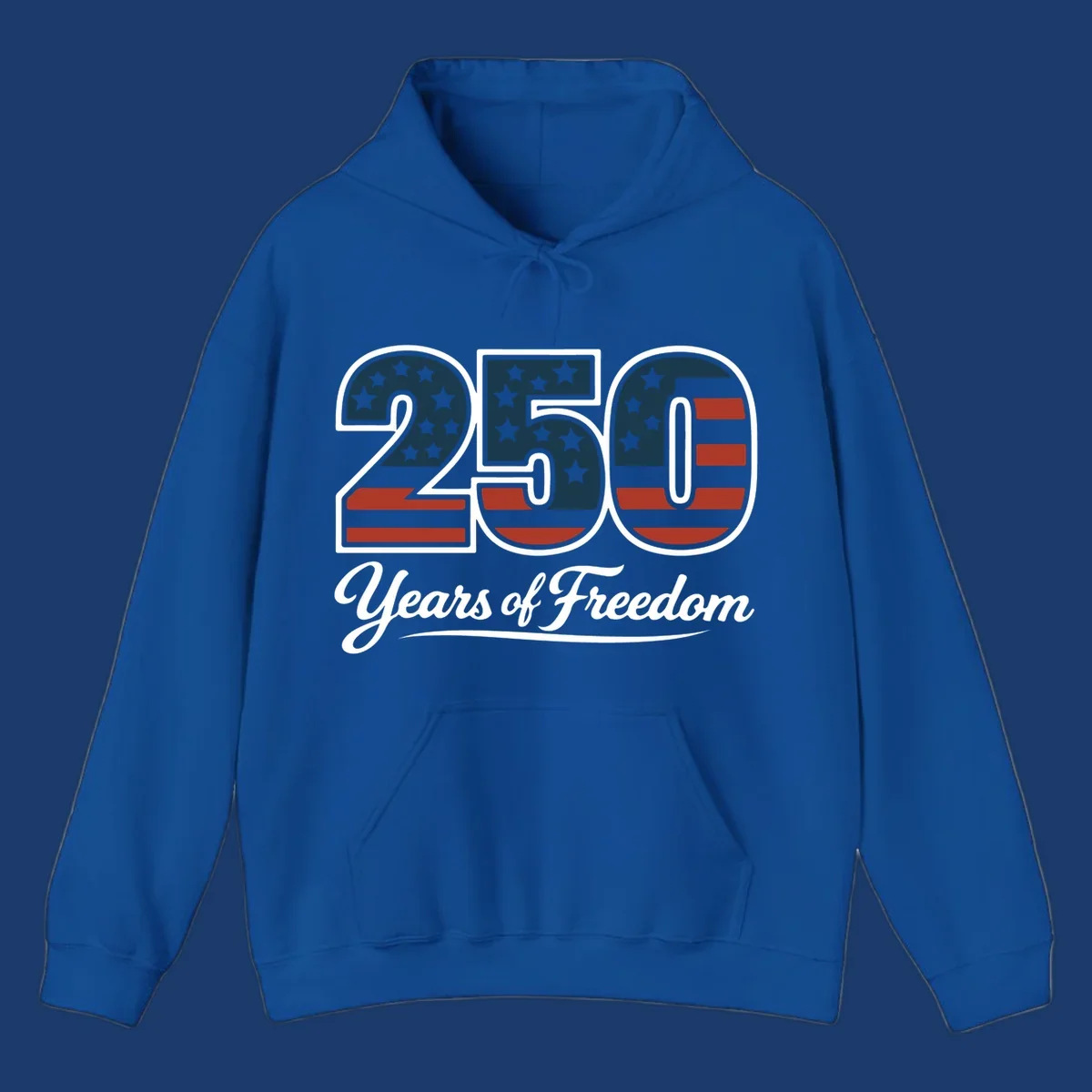 America 250 Years Of Freedom design with American flag elements and script text.