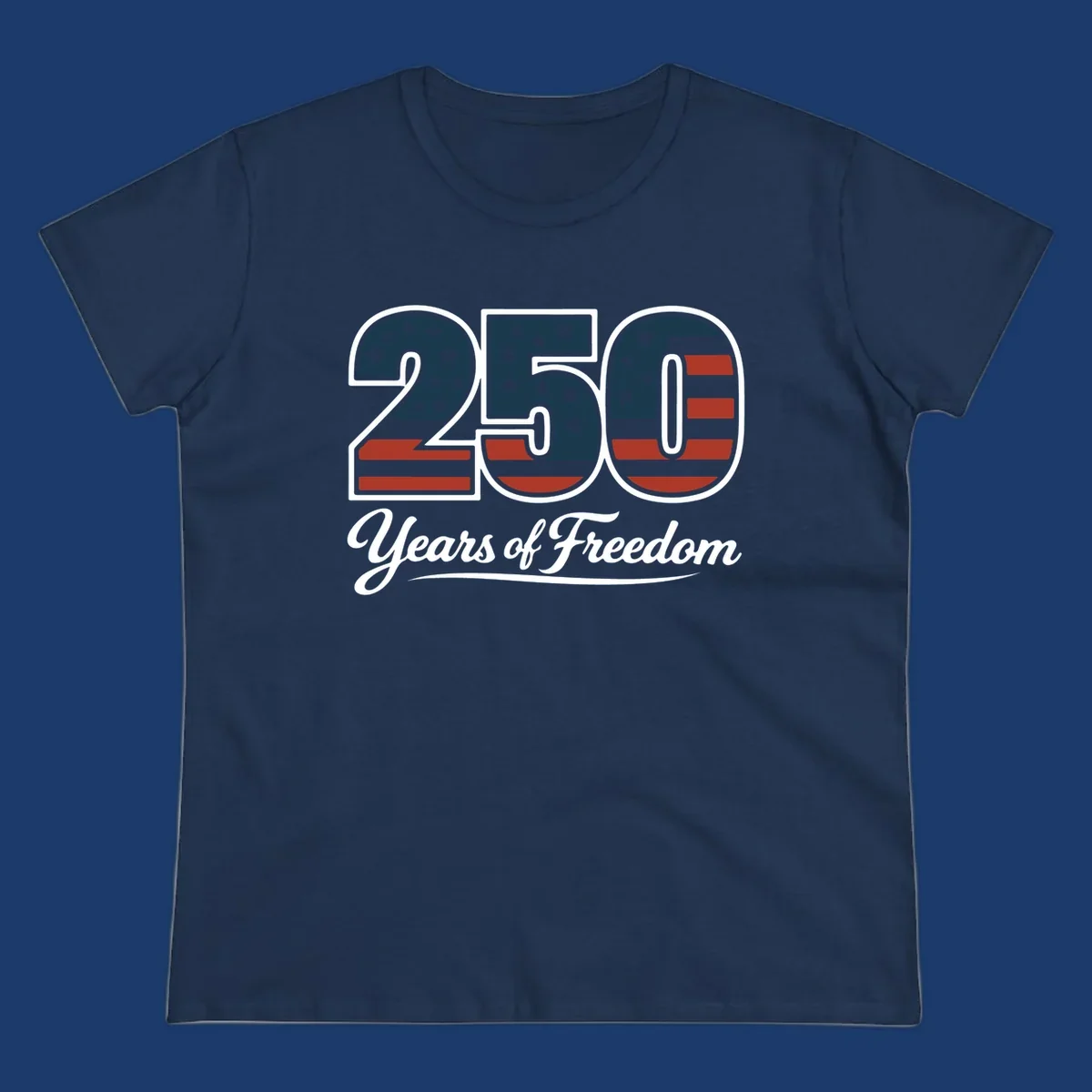 America 250 Years Of Freedom design with American flag elements and script text.