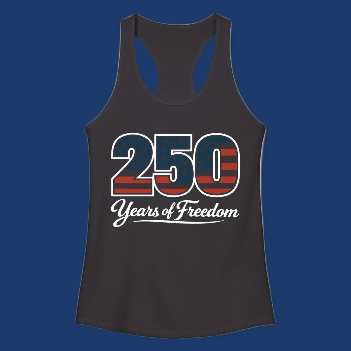 America 250 Years Of Freedom design with American flag elements and script text.