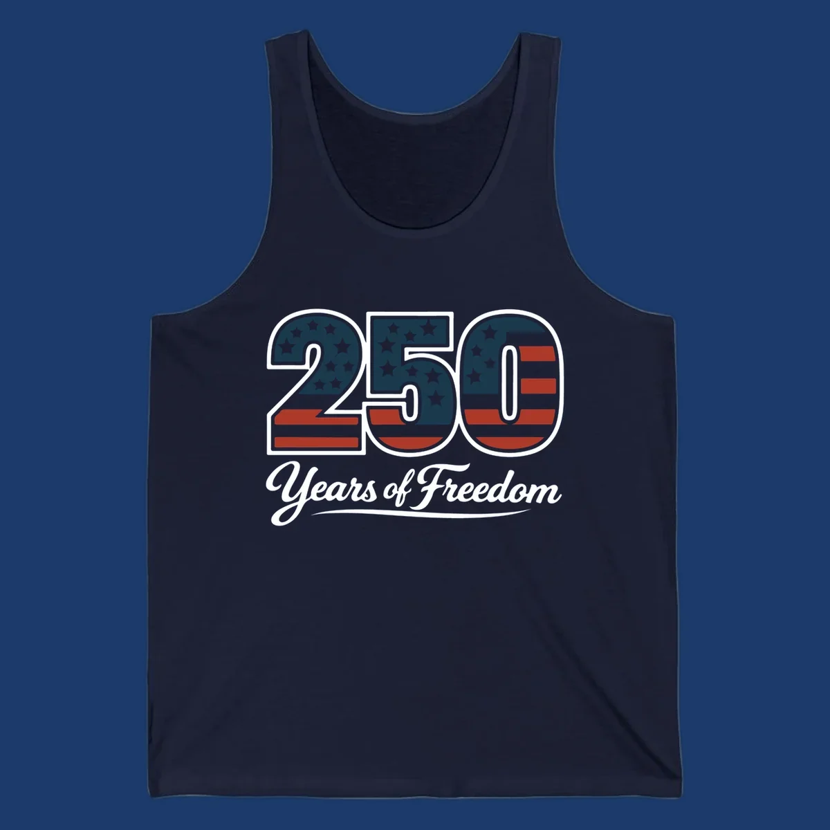 America 250 Years Of Freedom design with American flag elements and script text.