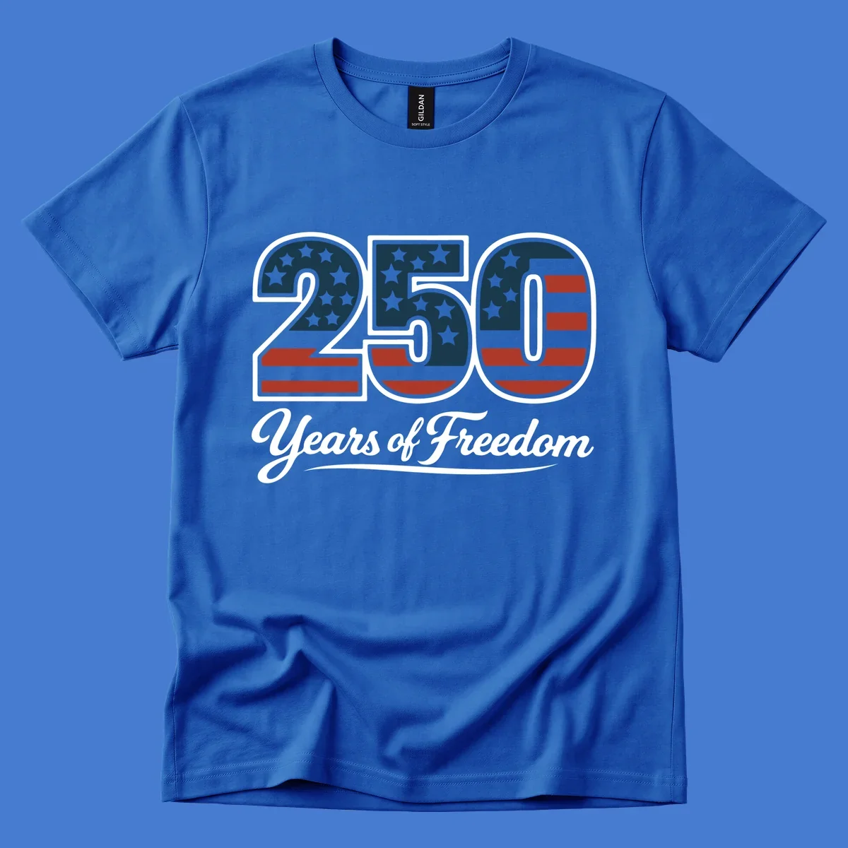America 250 Years Of Freedom design with American flag elements and script text.