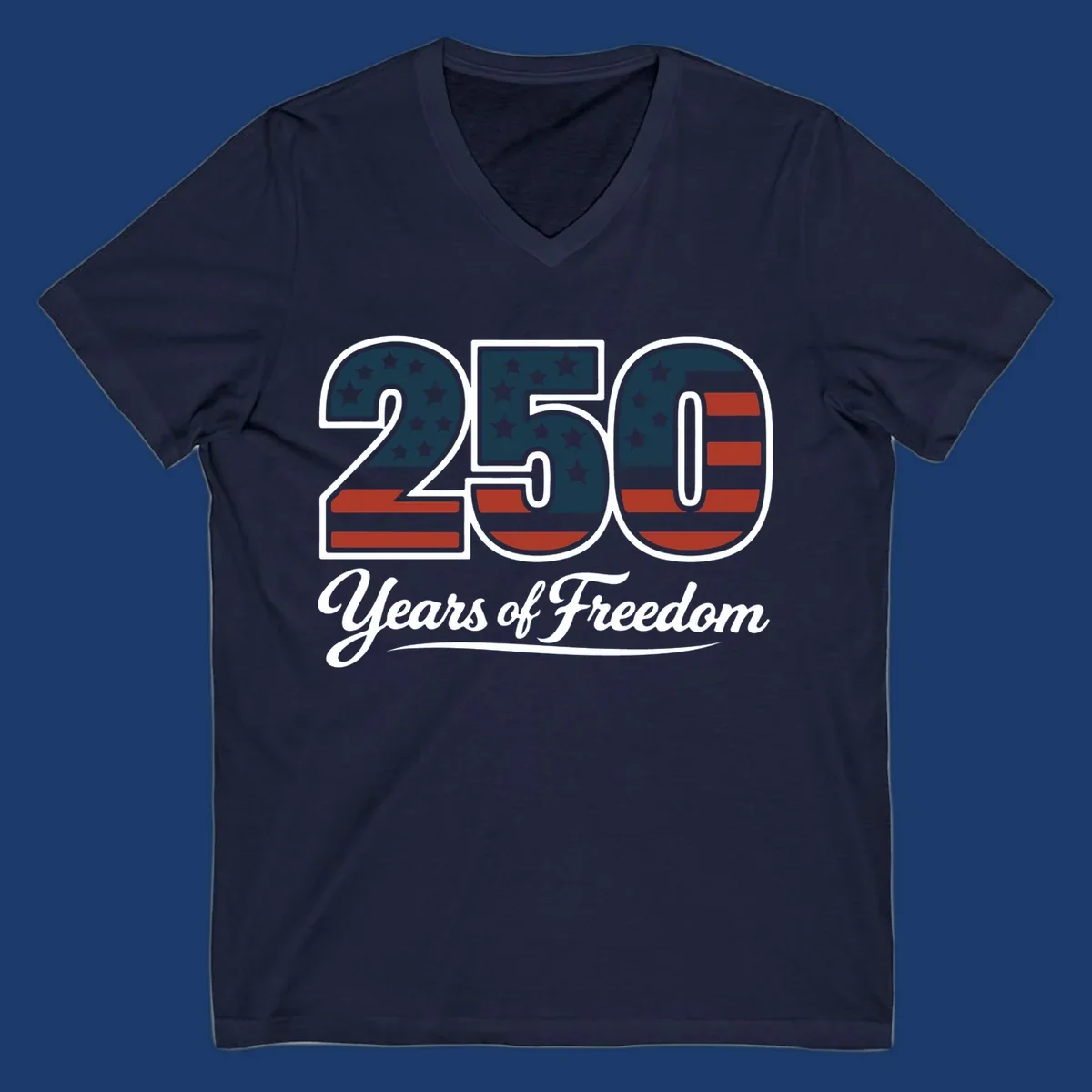 America 250 Years Of Freedom design with American flag elements and script text.