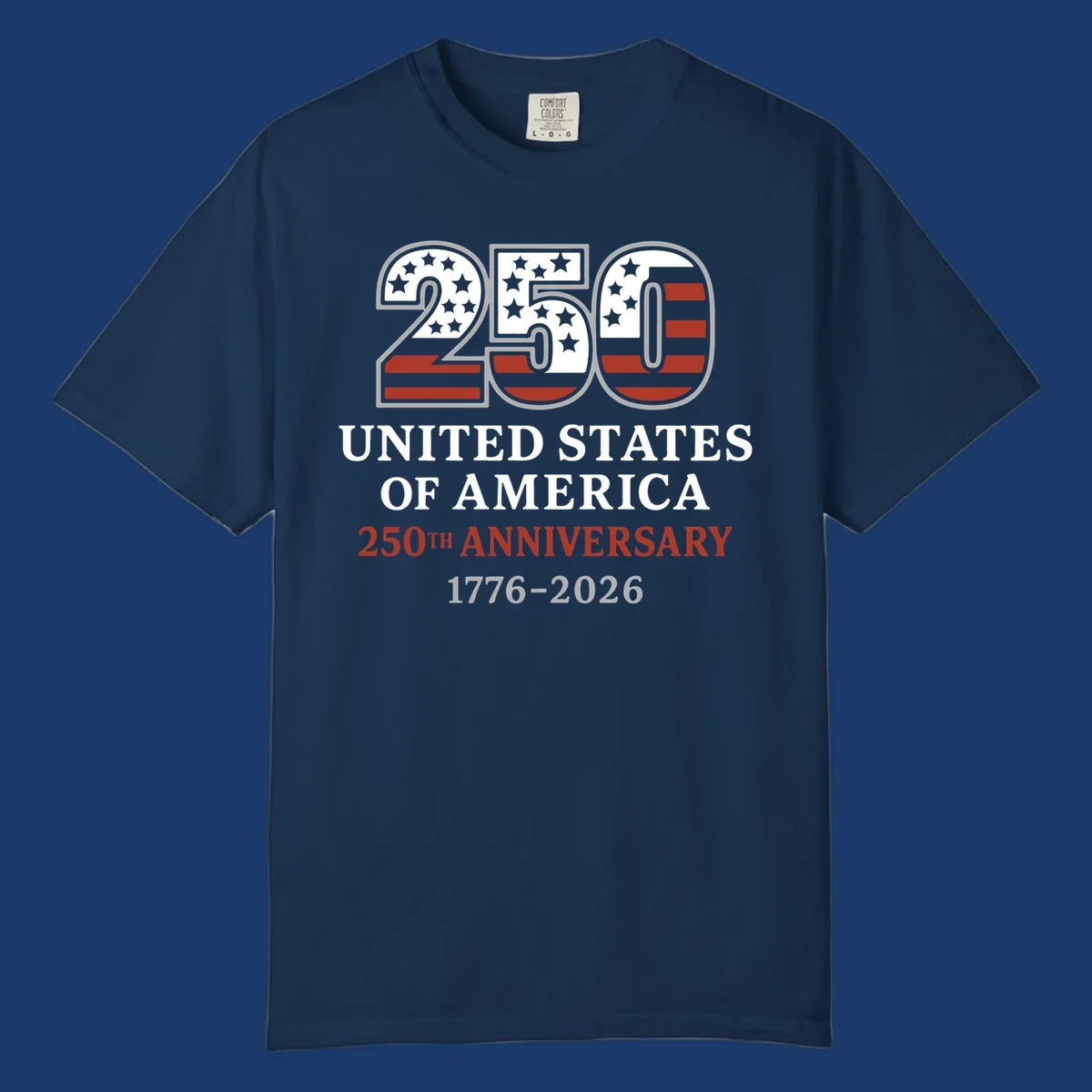 USA 250th anniversary design with bold text and American flag numbers.