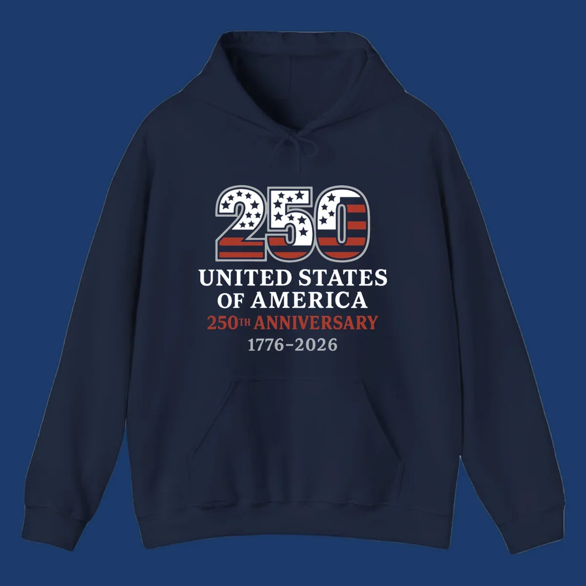 USA 250th anniversary design with bold text and American flag numbers.