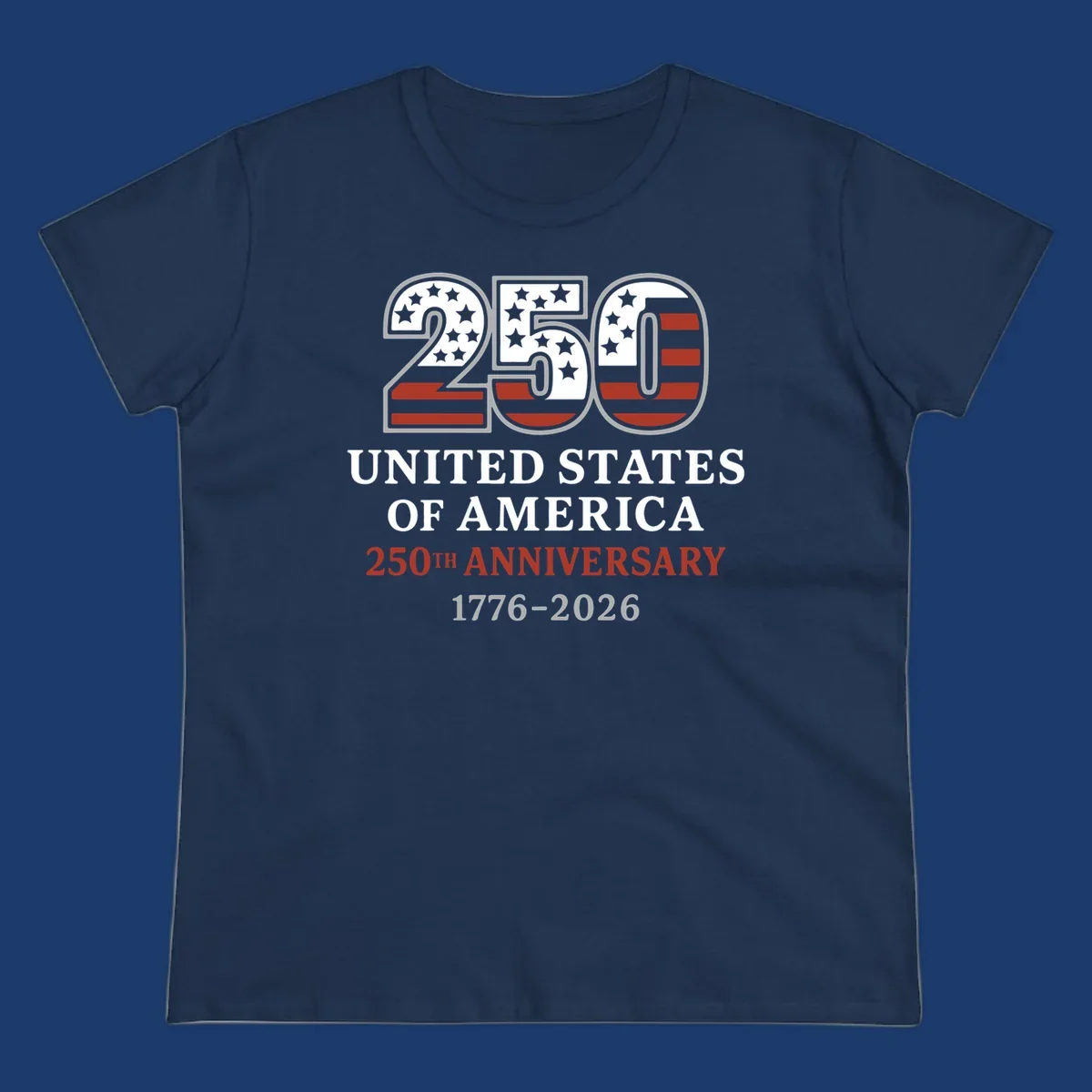 USA 250th anniversary design with bold text and American flag numbers.