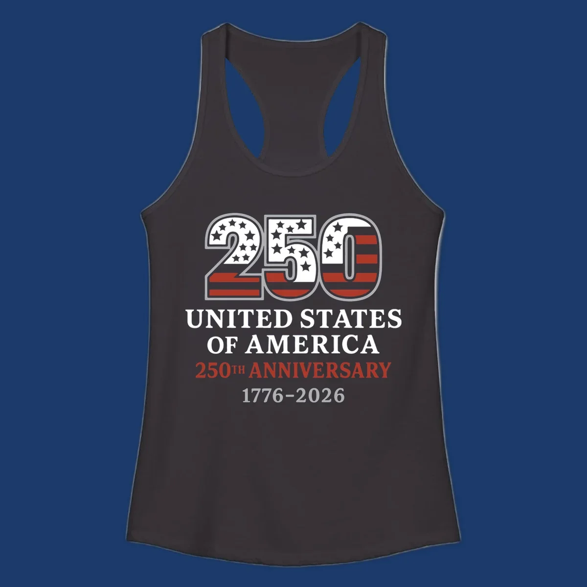 USA 250th anniversary design with bold text and American flag numbers.