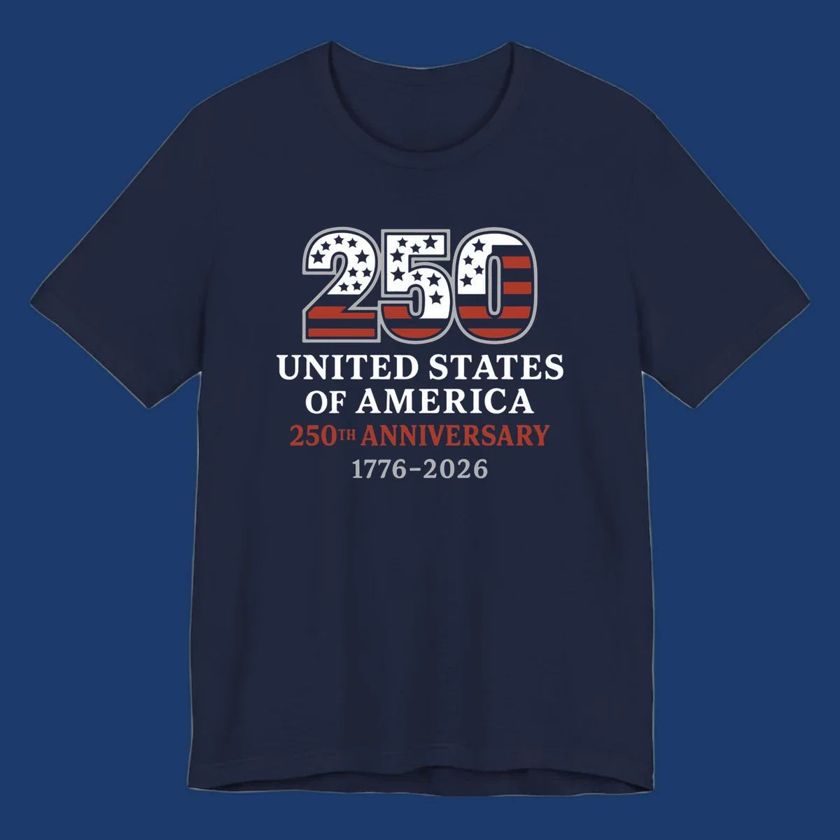 USA 250th anniversary design with bold text and American flag numbers.