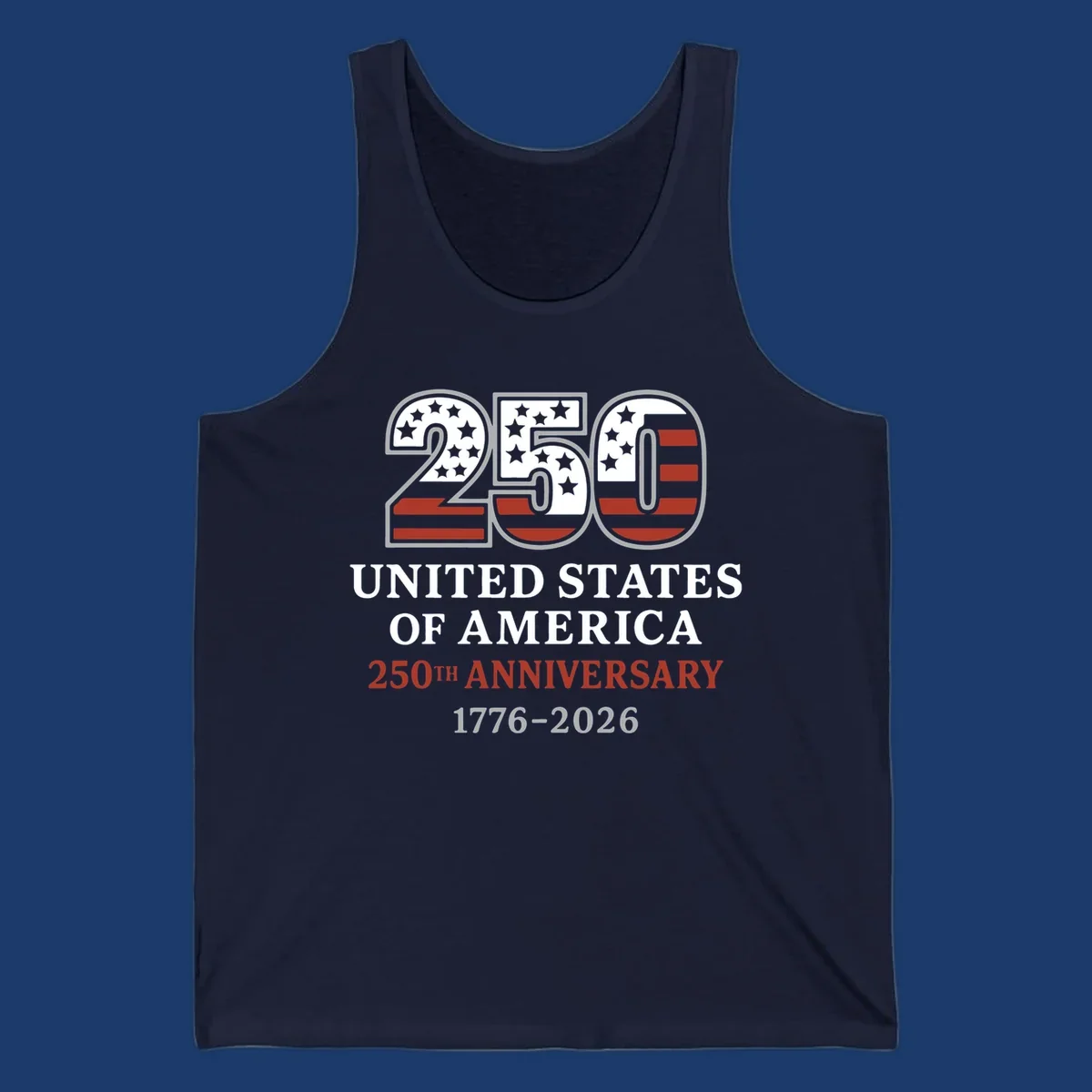 USA 250th anniversary design with bold text and American flag numbers.