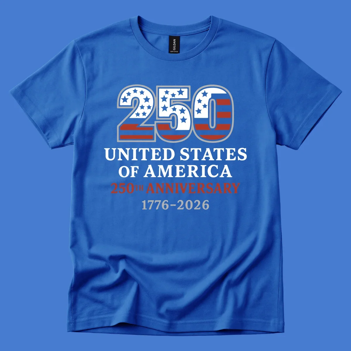 USA 250th anniversary design with bold text and American flag numbers.