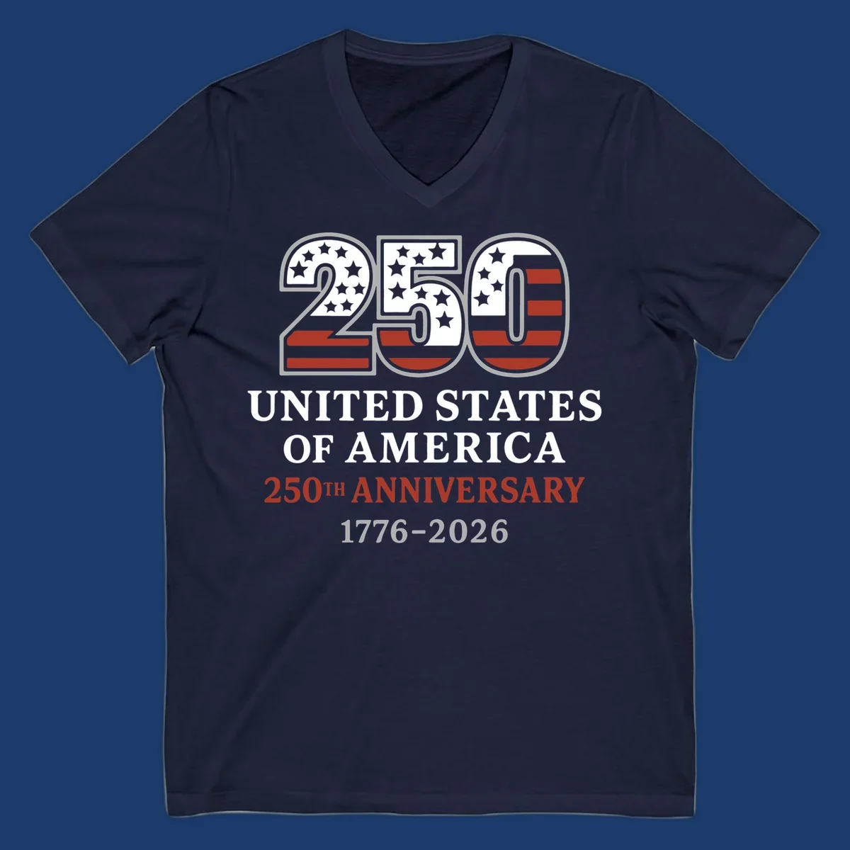 USA 250th anniversary design with bold text and American flag numbers.