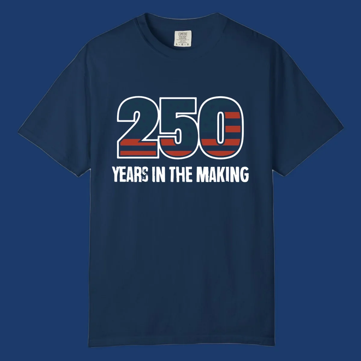 America 250 years in the making design featuring the number 250 with an American flag pattern and distressed text.