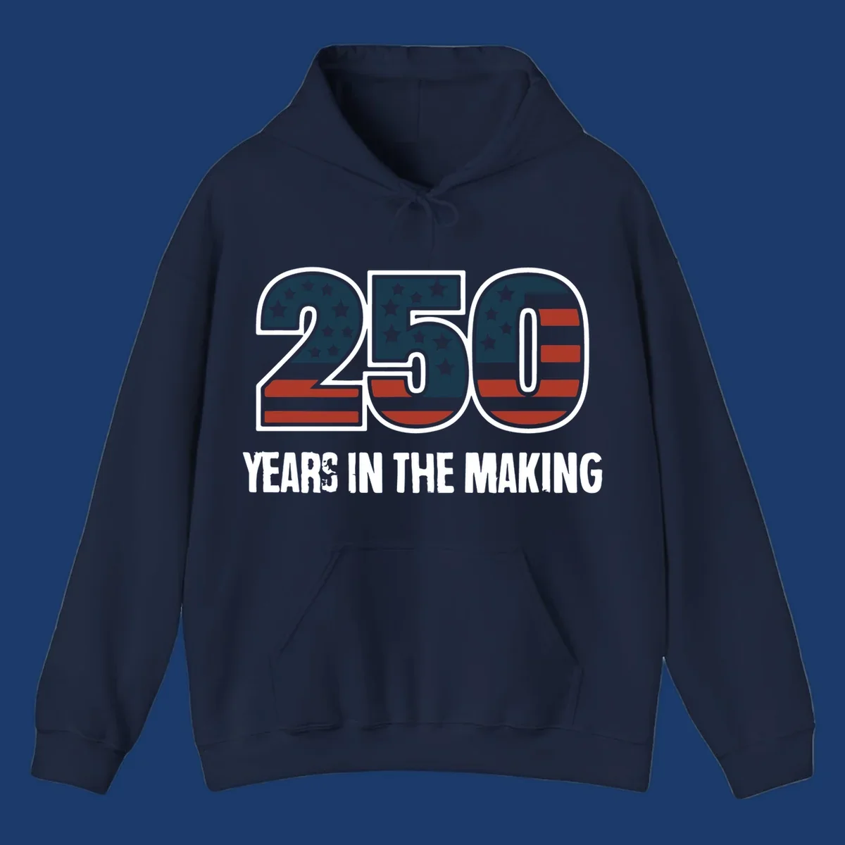 America 250 years in the making design featuring the number 250 with an American flag pattern and distressed text.