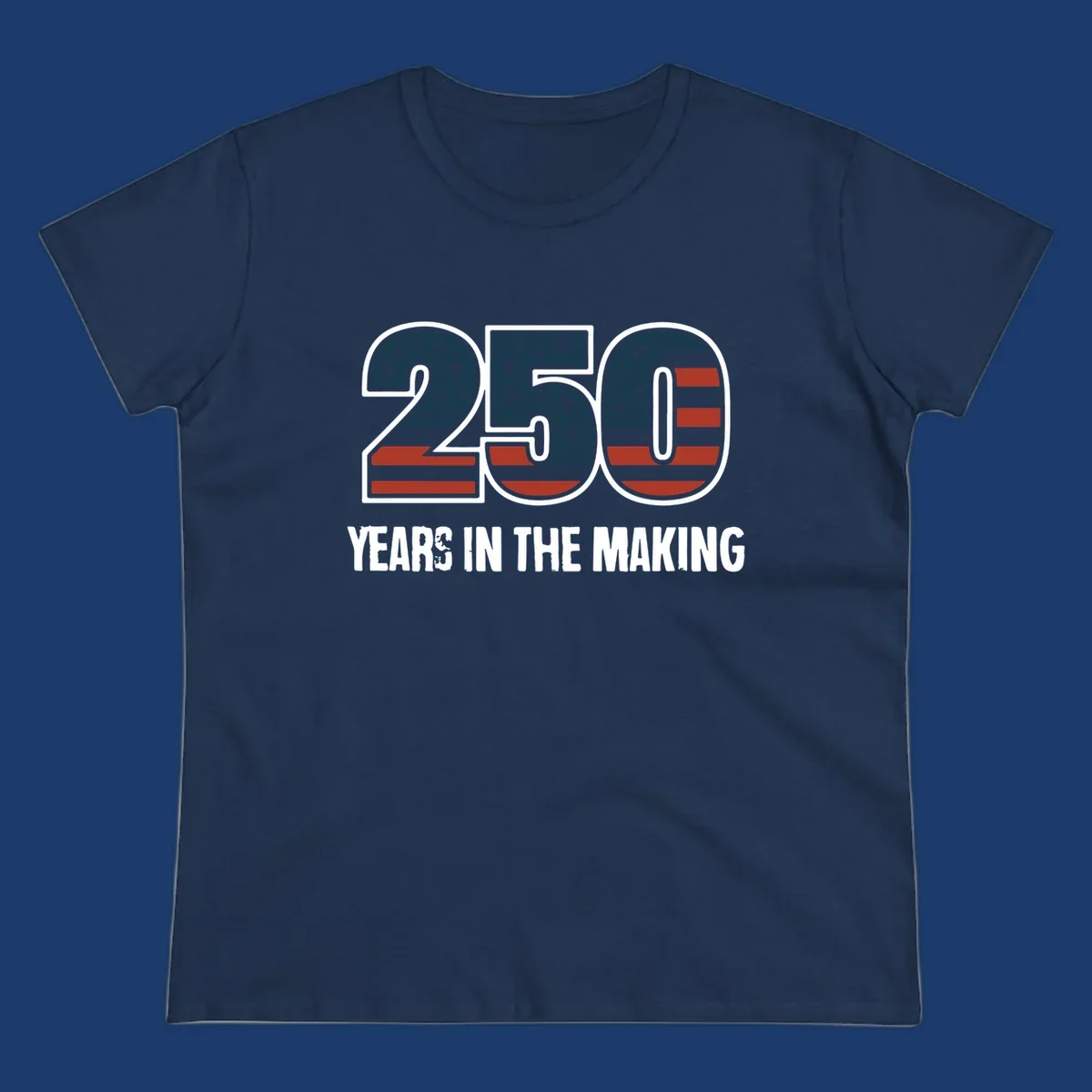 America 250 years in the making design featuring the number 250 with an American flag pattern and distressed text.