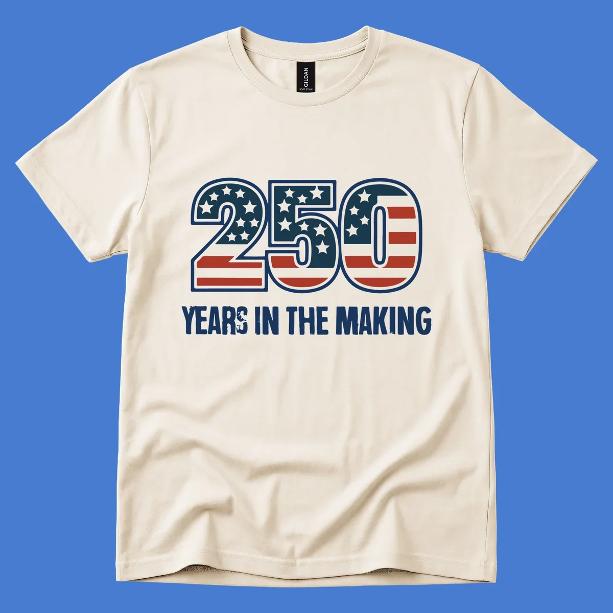 America 250 years in the making design featuring the number 250 with an American flag pattern and distressed text.