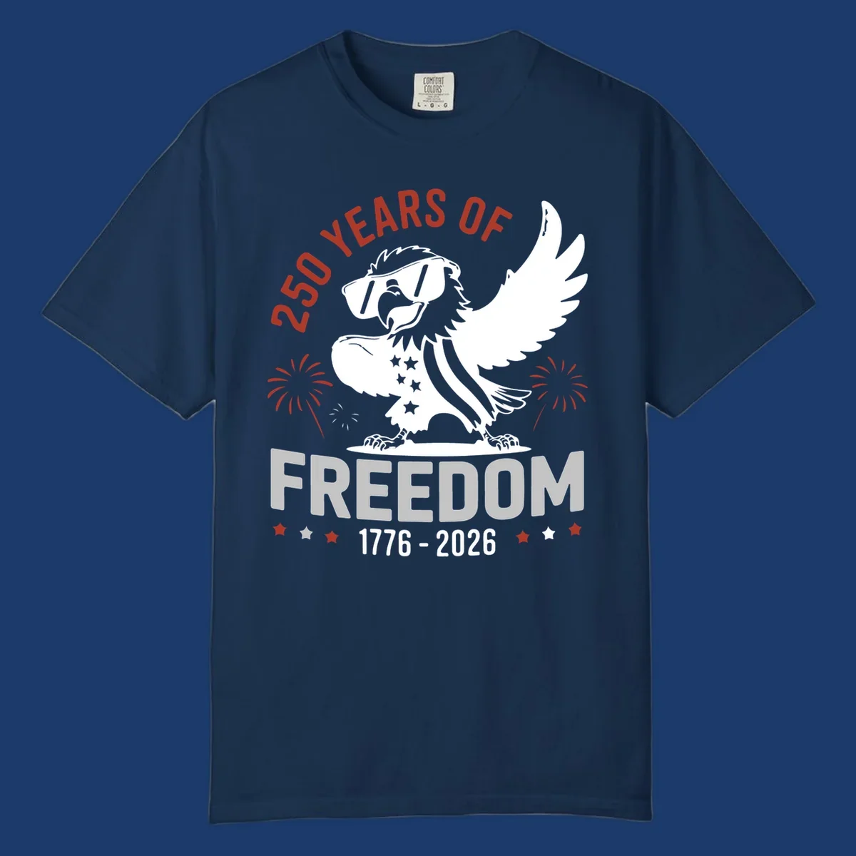 America 250 freedom eagle illustration with fireworks, text '250 YEARS OF FREEDOM 1776-2026'.