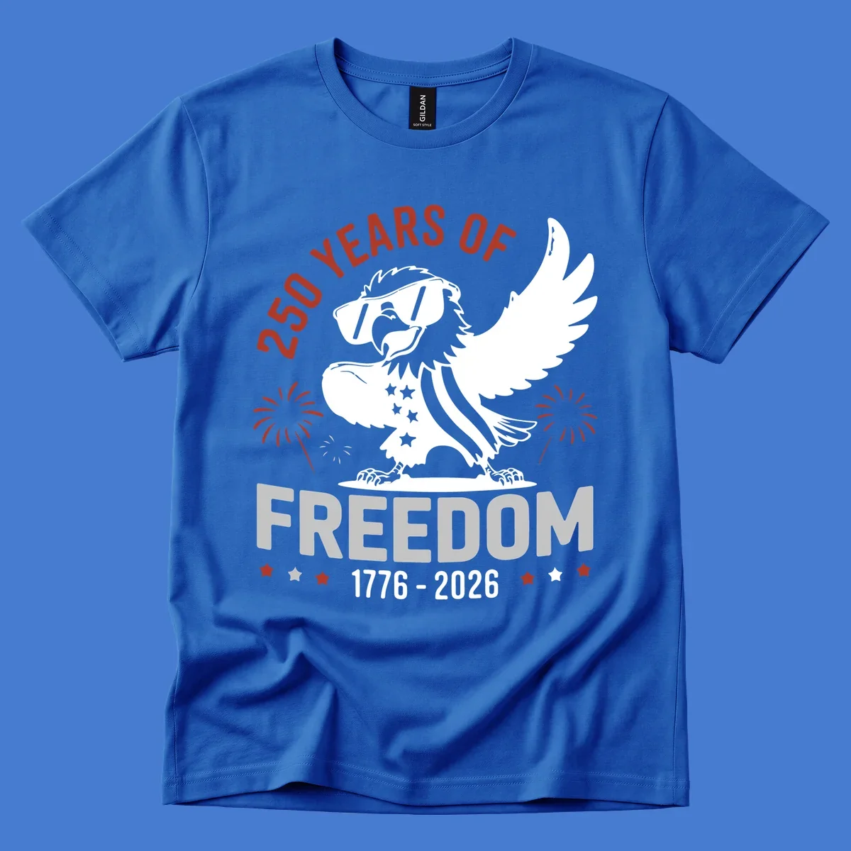 America 250 freedom eagle illustration with fireworks, text '250 YEARS OF FREEDOM 1776-2026'.