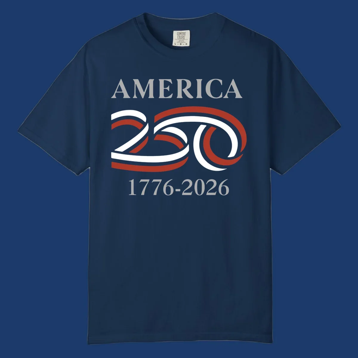 America 250th anniversary design with 'AMERICA 250 1776-2026' text and ribbon graphic.