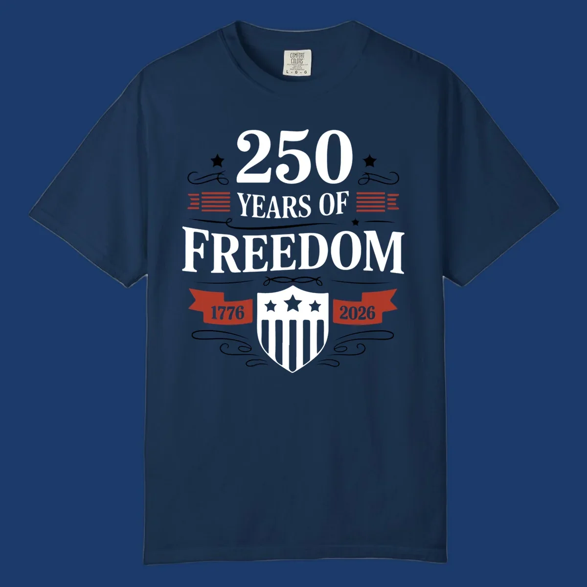 America 250 freedom text and shield graphic with 1776 and 2026 dates.