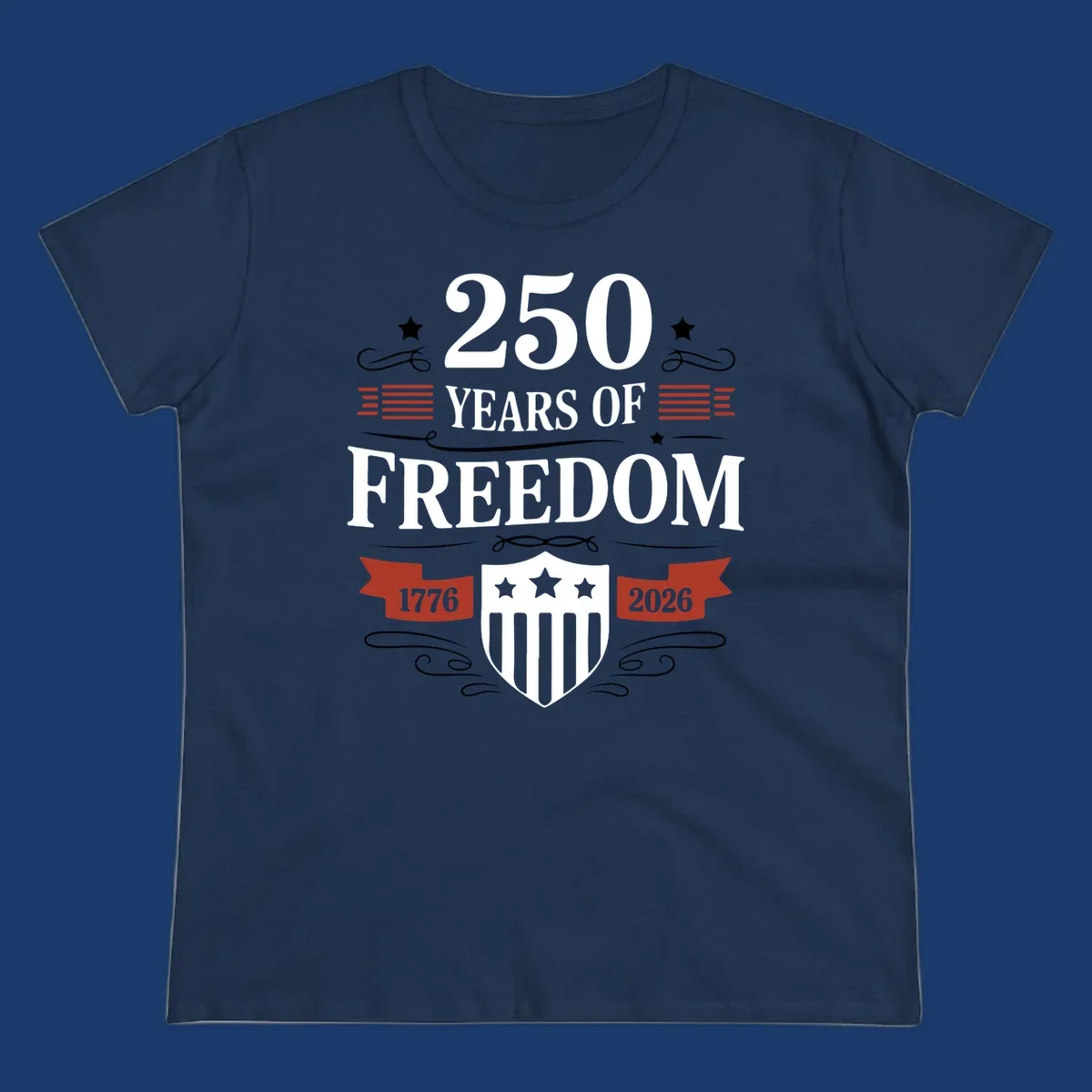 America 250 freedom text and shield graphic with 1776 and 2026 dates.
