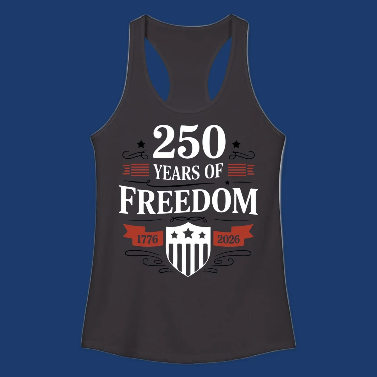 America 250 freedom text and shield graphic with 1776 and 2026 dates.