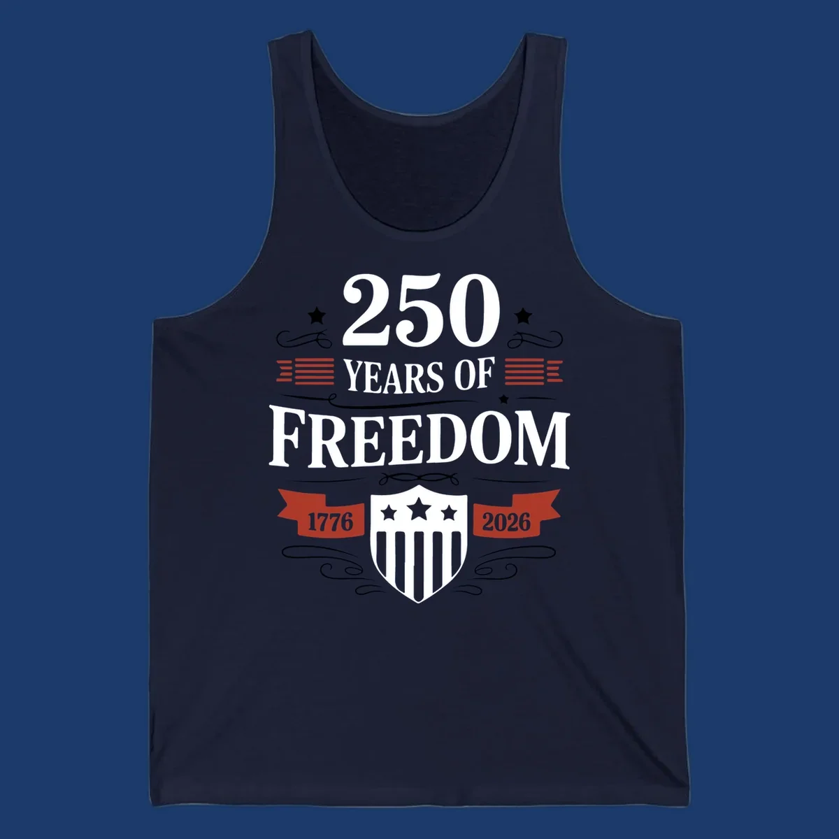 America 250 freedom text and shield graphic with 1776 and 2026 dates.