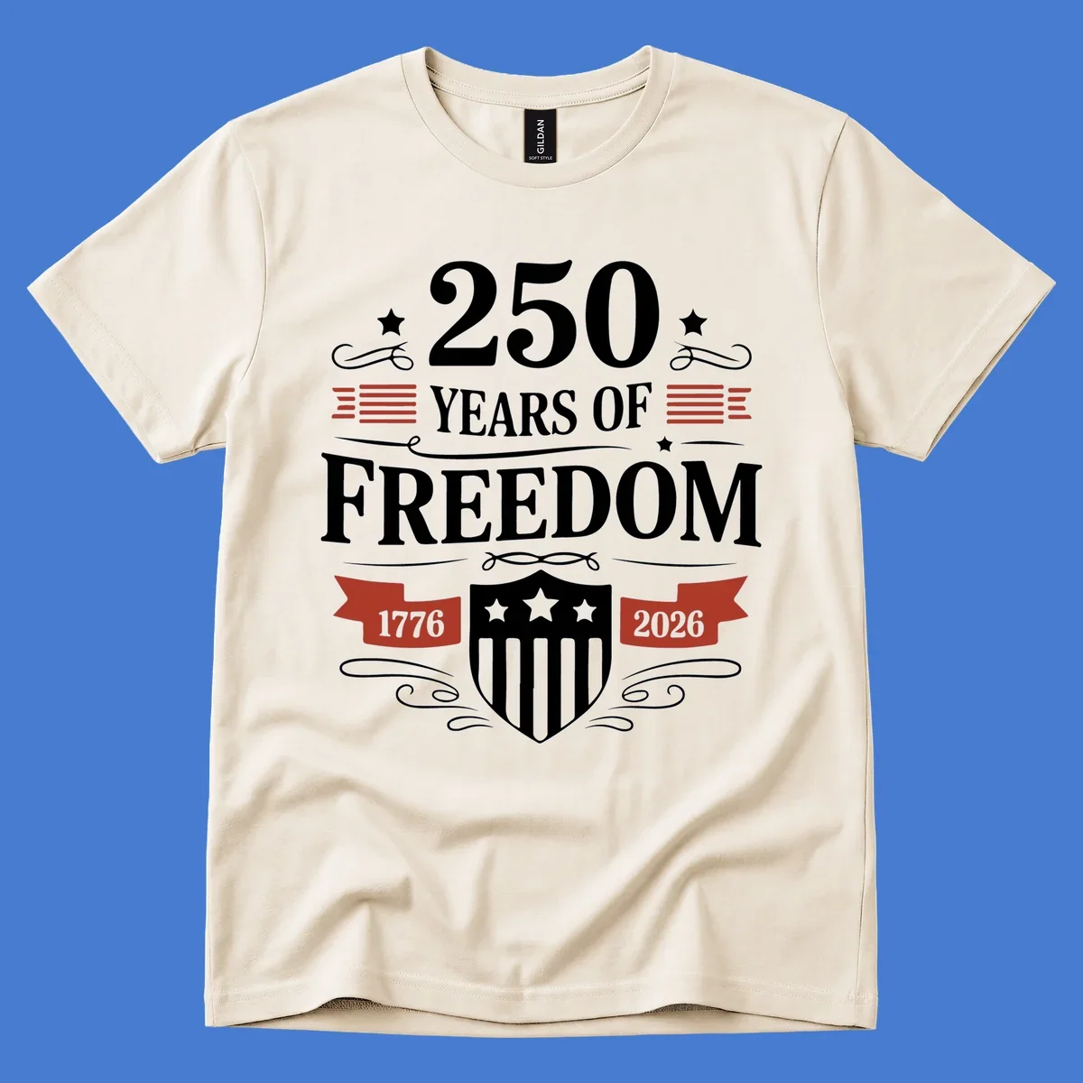 America 250 freedom text and shield graphic with 1776 and 2026 dates.