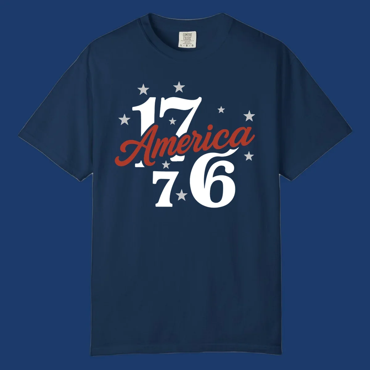 America 1776 celebration graphic with stars and bold typography.