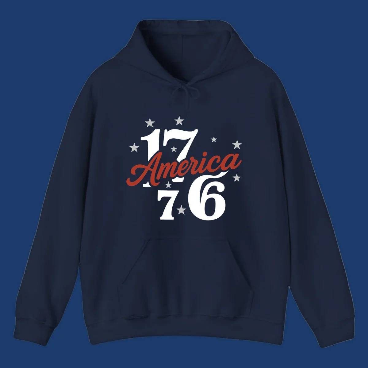 America 1776 celebration graphic with stars and bold typography.