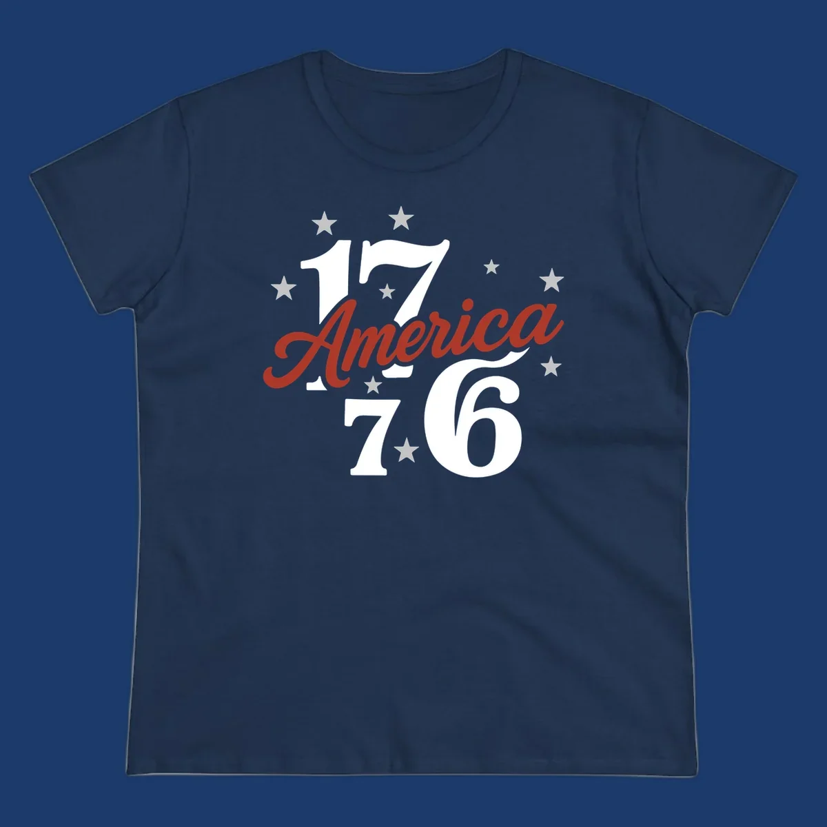 America 1776 celebration graphic with stars and bold typography.