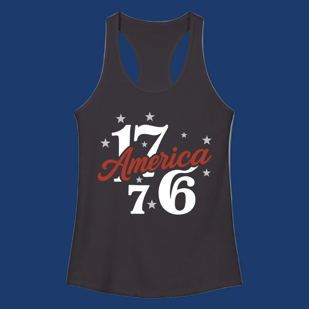 America 1776 celebration graphic with stars and bold typography.