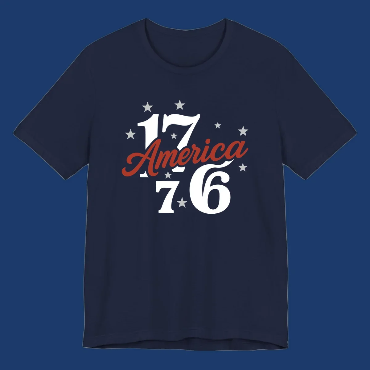 America 1776 celebration graphic with stars and bold typography.
